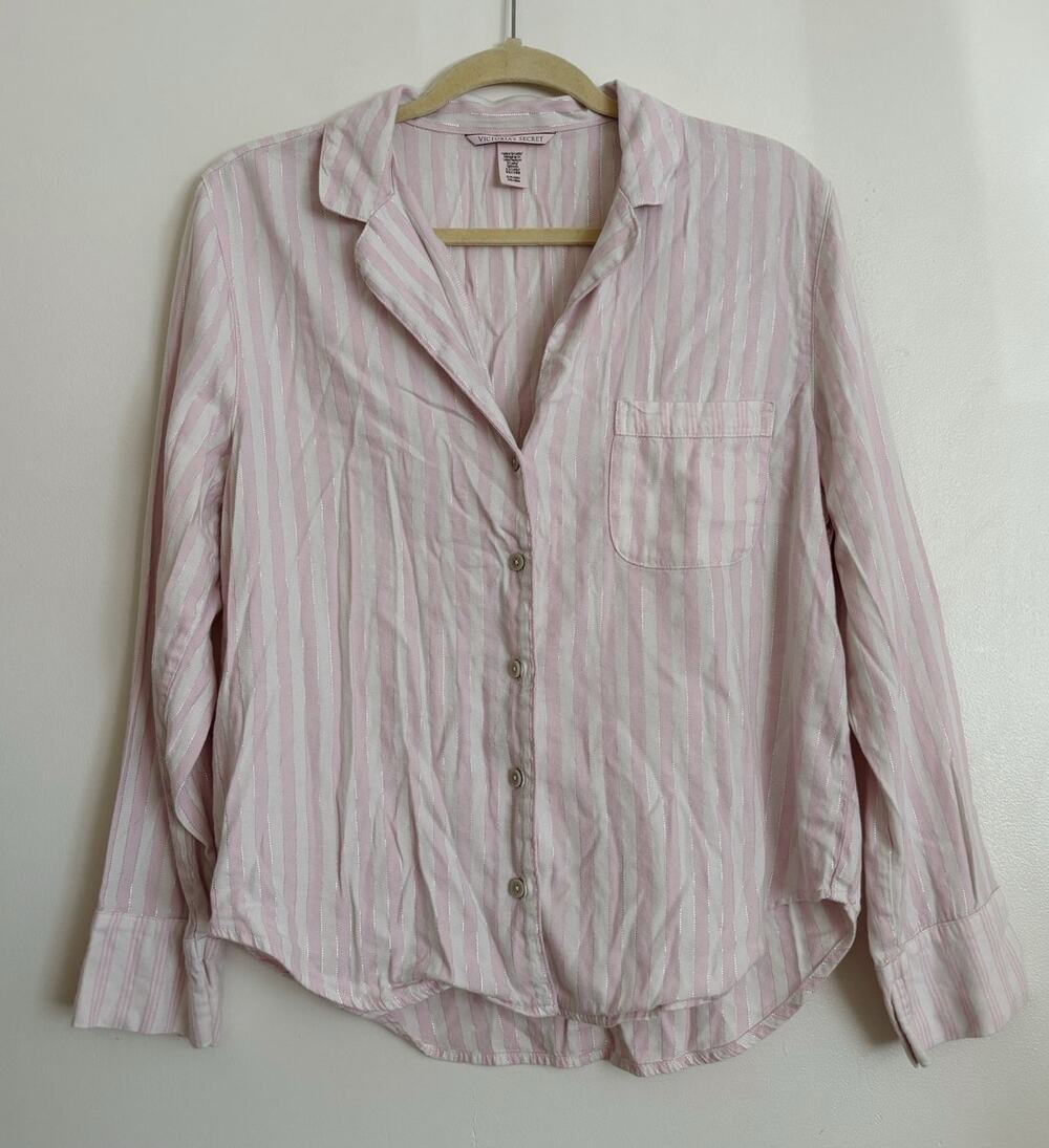 Pink White Victoria's Secret Striped Metallic Long Sleeve Pajama Set S